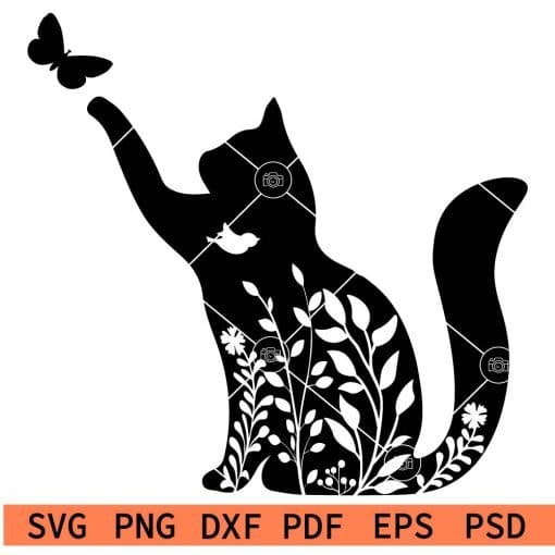 Floral Cat Picking butterfly SVG