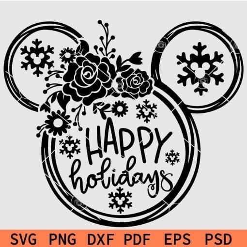 Floral Mickey mouse head with Snowflakes Happy Holidays SVG