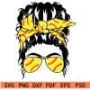 Messy bun with Softball Stitches Sunglasses and Bandana SVG