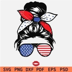 Patriotic Messy Bun with Sunglasses and Flag Head Bandana SVG