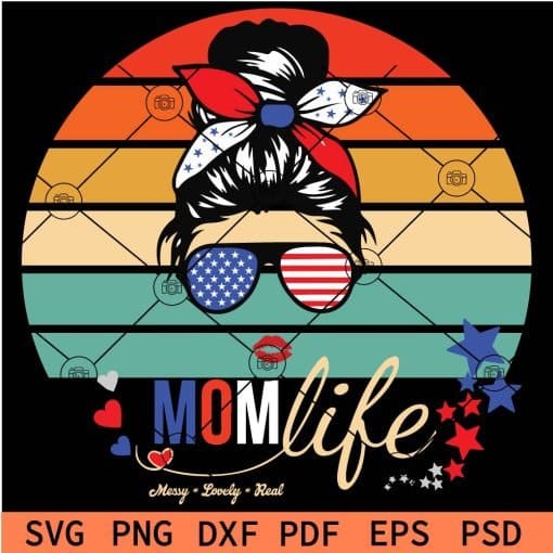 Retro circle Patriotic Messy Bun Mom Life with Sunglasses and head bandana SVG