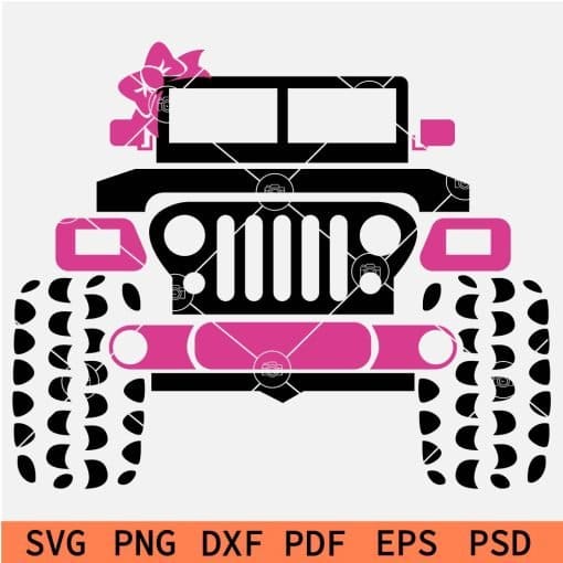 Jeep Car with Pink Bow and Pink Side mirrors SVG