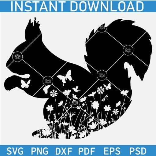 Squirrel Silhouette with flowers and butterflies SVG