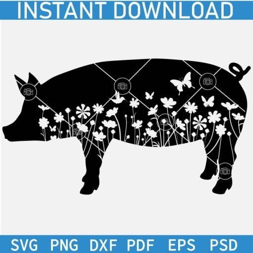 Silhouette Pig with flowers SVG