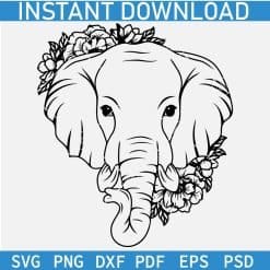 Floral Elephant Head Outline SVG