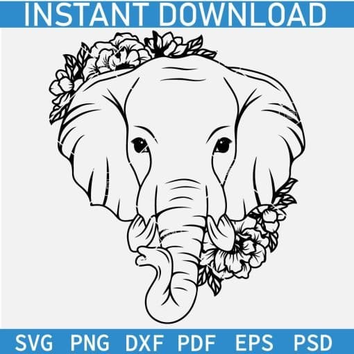 Floral Elephant Head Outline SVG
