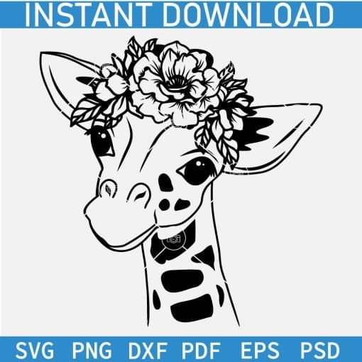 Baby Giraffe Head with floral Crown SVG