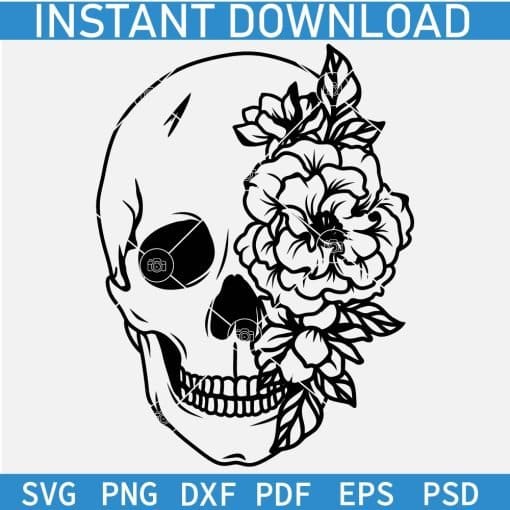 Halloween Skull with Flowers on Side SVG