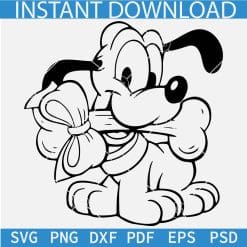 Baby Pluto Biting Bone SVG, Baby Pluto with Bow Outline SVG, Baby Pluto Bow and Bone Sketch SVG