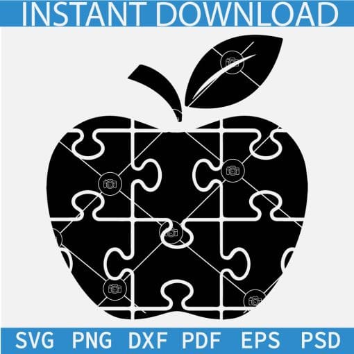 Black Apple Autism Awareness Puzzle SVG, Autism Puzzle Inside Apple SVG, Apple Autism Puzzle Black SVG