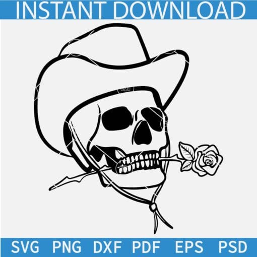 Cowboy Skull Biting Rose Flower SVG, Skull with cow boy hat SVG, Skull Biting Rose Flower SVG