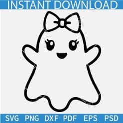 Cute Ghost outline SVG, Ghost Girl with Bow Sketch SVG, Boo Kawaii Ghost SVG