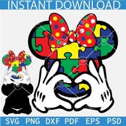 Disney Autism Awareness Puzzle SVG, Autism Puzzle Inside Minnie head and Love hands SVG, Autism Puzzle Inside Minnie Head SVG