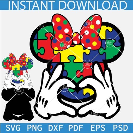 Disney Autism Awareness Puzzle SVG, Autism Puzzle Inside Minnie head and Love hands SVG, Autism Puzzle Inside Minnie Head SVG
