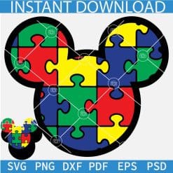 Disney Autism Puzzle Colored Layered SVG, Autism Puzzle Inside Mickey Head Layered SVG