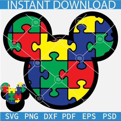 Disney Autism Puzzle Colored Layered SVG, Autism Puzzle Inside Mickey Head Layered SVG