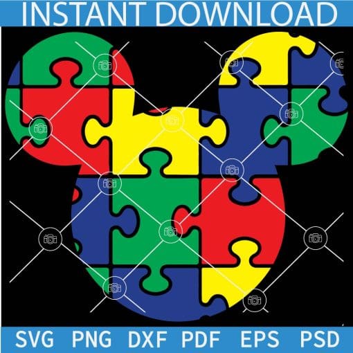 Disney Autism Puzzle Colored SVG, Autism Puzzle Inside Mickey Head SVG