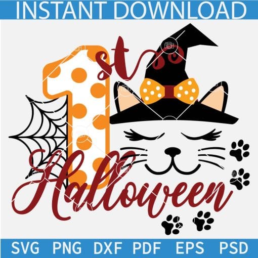 First Halloween Unicorn SVG, Unicorn with witch hat 1st Halloween SVG