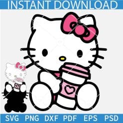 Hallo kitty with coffee cup SVG, Hallo kitty with travelling Mug SVG, Kitten with Cup SVG