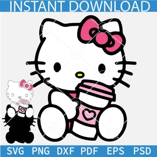 Hallo kitty with coffee cup SVG, Hallo kitty with travelling Mug SVG, Kitten with Cup SVG