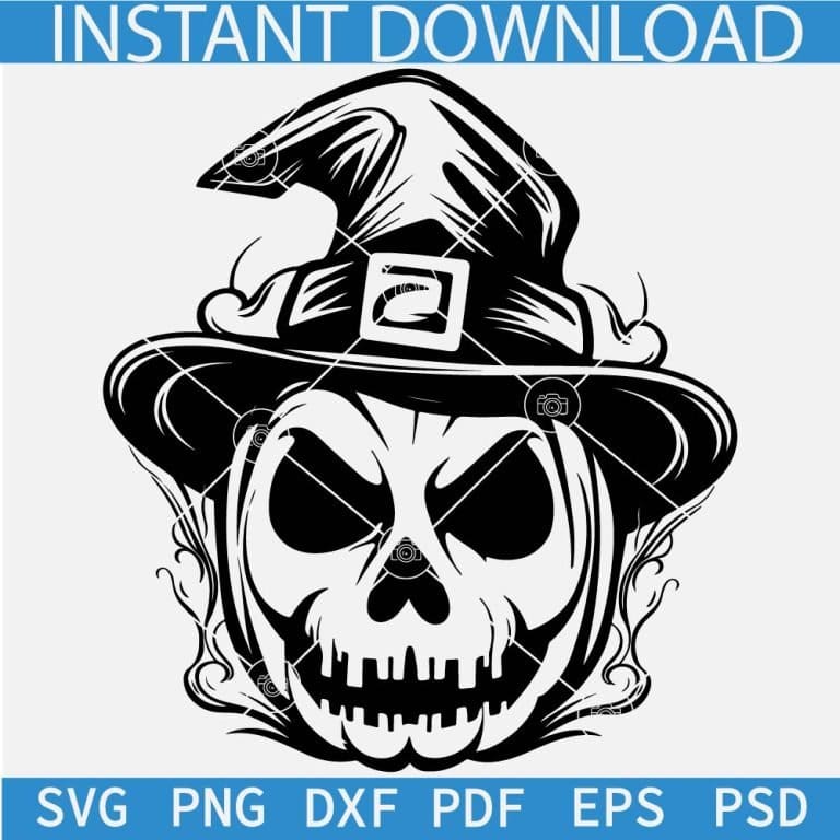 Scary Jack o Lantern Skull, with witch hat SVG, Halloween Jack o ...