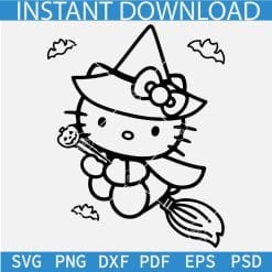 Halloween Kitty Riding Broom SVG, Witch Kitty Ridding Broom SVG, Hello Kitty Riding Broom with Bats SVG