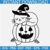 Halloween Pumpkin cat svg, Cat sleeping on a pumpkin Outline SVG, Cute cat with witch hat Sketch SVG