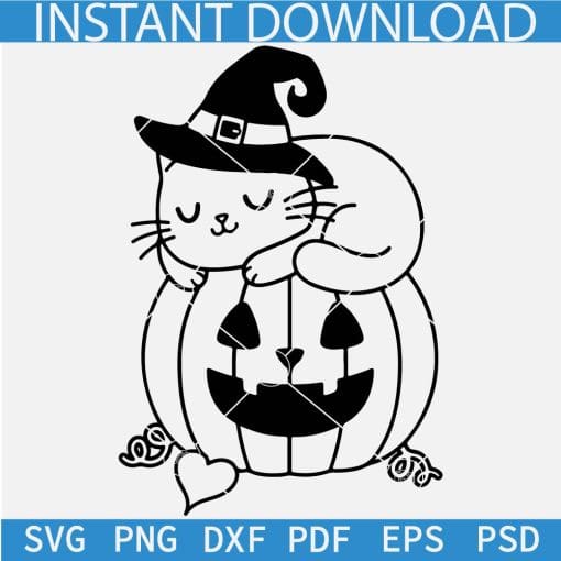Halloween Pumpkin cat svg, Cat sleeping on a pumpkin Outline SVG, Cute cat with witch hat Sketch SVG