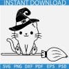 Halloween cat with Broom svg,  Witch Cat on broom SVG, Kitten with witch hat Broom SVG
