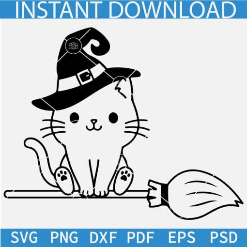 Halloween cat with Broom svg,  Witch Cat on broom SVG, Kitten with witch hat Broom SVG