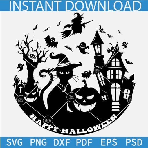 Happy Halloween Night Scene SVG, bats ghost witch cat Halloween night scene SVG, Witch Cat SVG