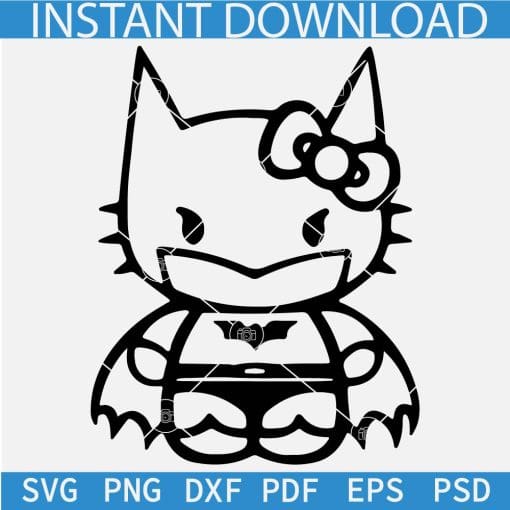 Hello Kitty Bat Man SVG, Bat Man Kitten Coloring Page SVG, Batman Hello Kitty Line Art SVG