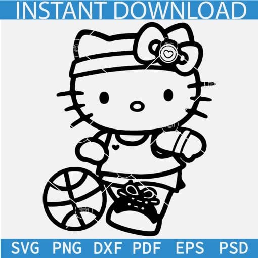 Hello Kitty Playing Ball SVG, Hello Kitty Sketch SVG, Sports Kitten Coloring Page SVG