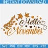 Hello November Fall Leaves SVG, Hello November Heart Symbol SVG, Fall Season SVG