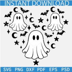 Creepy Ghost In Heart Symbol SVG, Ghost With Bats and stars Heart SVG, Halloween Ghost and Bats Heart SVG