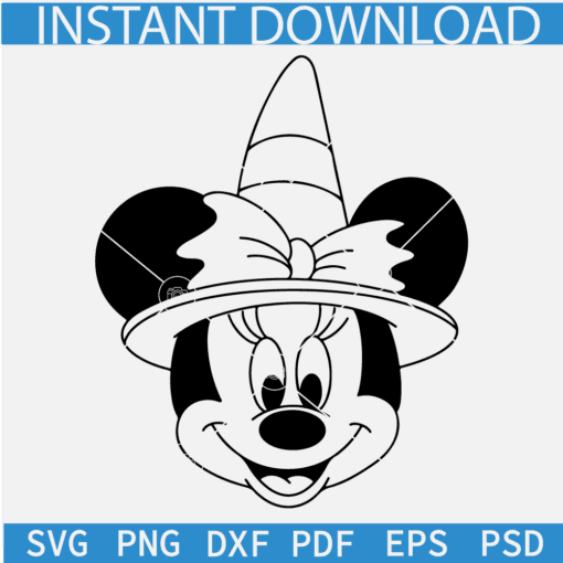 Halloween Minnie Mouse Witch SVG, Witch Minnie Head SVG, Minnie with witch hat Sketch SVG