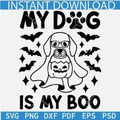 My dog is my boo SVG, Halloween Dog with Sunglasses SVG, Cartoon Dog with Pumpkin SVG