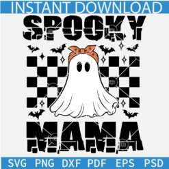 Spooky Mama Ghost SVG, Checkered Pattern Spooky Mama SVG, Ghost with Bandana Spooky Mama SVG