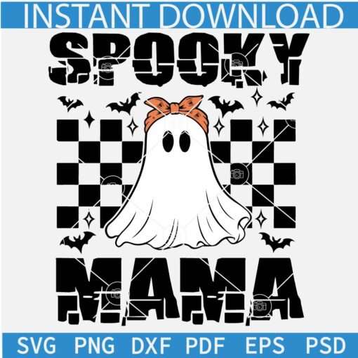 Spooky Mama Ghost SVG, Checkered Pattern Spooky Mama SVG, Ghost with Bandana Spooky Mama SVG