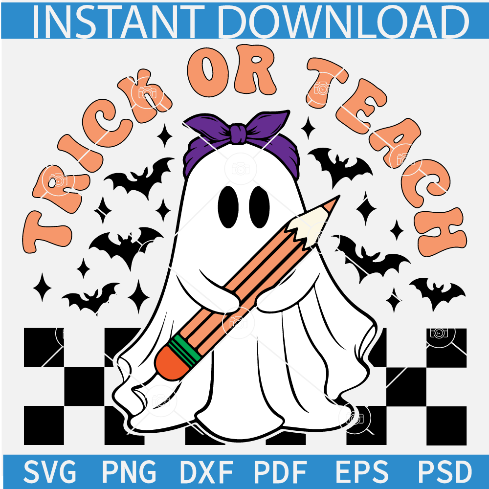 Trick or teach Layered SVG, Spooky Teacher SVG, Ghost with Pencil Checkered SVG Trick or teach Layered SVG, Spooky Teacher SVG, Ghost with Pencil Checkered SVG
