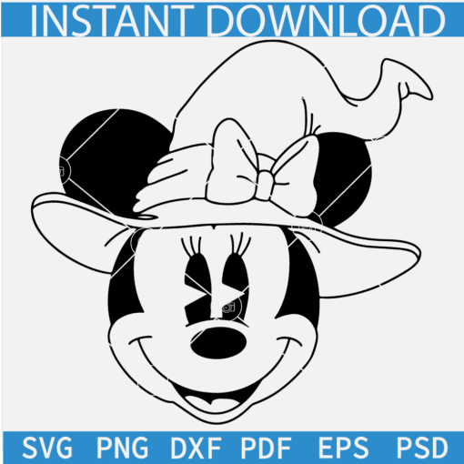 Witch Minnie Mouse SVG PDF PNG, Minnie Halloween Coloring Page SVG, Minnie with witch hat Sketch SVG