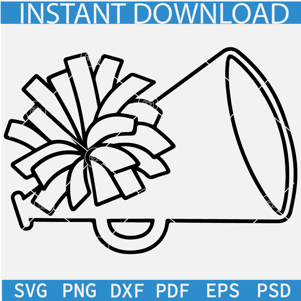 Black Cheerleader Megaphone with Pom SVG, Pom and Megaphone Outline SVG