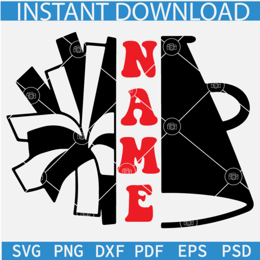 Cheerleader Megaphone svg, Cheerleader Pom and Megaphone Silhouette Split Name Frame SVG, Megaphone Monogram SVG
