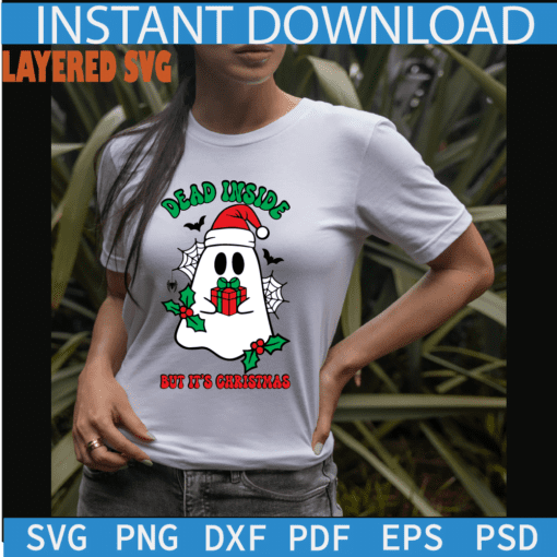 Dead Inside but it's Christmas SVG, Christmas Ghosts SVG, Ghost with santa Hat SVG, Santa Ghost with spider web SVG
