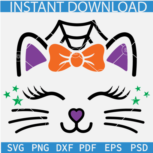 Halloween Cat Face with bow SVG, Spiderweb Cat face SVG, Kitten eye lashes Bow SVG