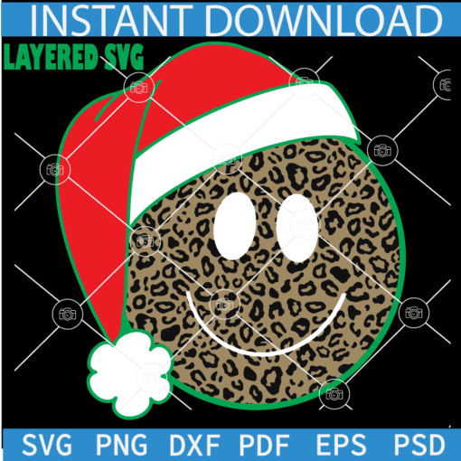 Santa Smiley Face Leopard Prints SVG, Leopard Prints Happy Face with Santa Hat SVG