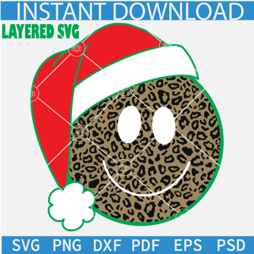 Santa Smiley Face Leopard Prints SVG, Leopard Prints Happy Face with Santa Hat SVG