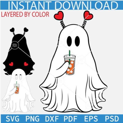 Ghost Drinking Iced Coffee SVG, Ghost with Hearts Svg, Valentines Day Ghost SVG