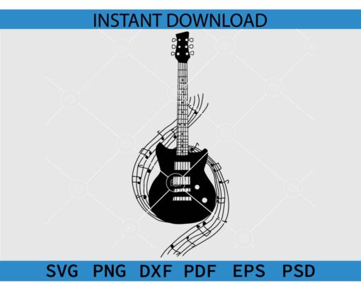 Guitar with Music Note SVG, Guitar Silhouette SVG PNG PDF DXF
