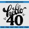 Hello 40 SVG, Hello 40 Silhouette SVG, 40th Birthday SVG PNG PDF DXF